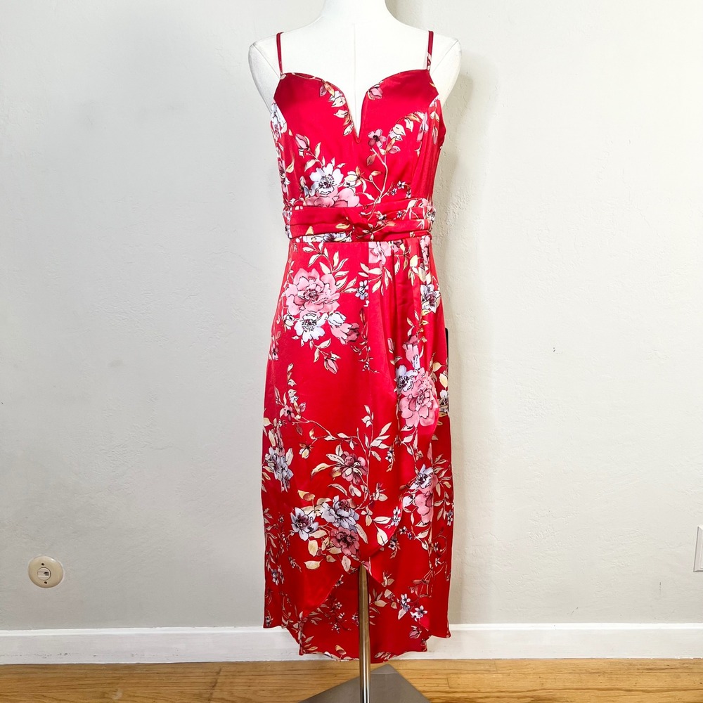Lulus Midi Dress Size Medium Red Floral Satin High Low Tulip Sweetheart NEW FLAW